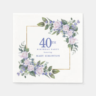 White Rose Blue Floral Custom 40th Birthday Party Napkin
