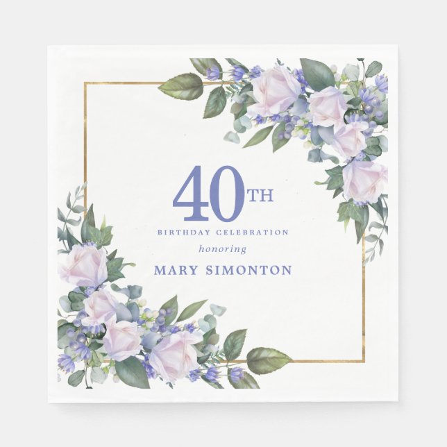 White Rose Blue Floral Custom 40th Birthday Party Napkin (Front)