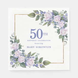 White Rose Blue Floral Custom 50th Birthday Party Napkin