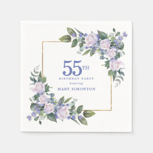 White Rose Blue Floral Custom 55th Birthday Party Napkin