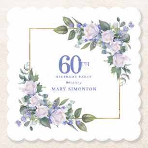White Rose Blue Floral Custom 60th Birthday Party Paper Coaster