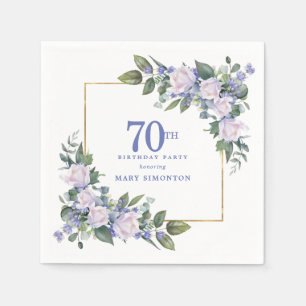 White Rose Blue Floral Custom 70th Birthday Party Napkin