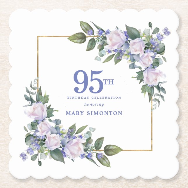 White Rose Blue Floral Custom 95th Birthday Party Paper Coaster (Front)