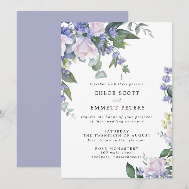 White Rose Blue Floral Wedding Invitation (Front/Back)
