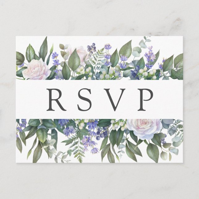 White Rose Blue Floral Wedding RSVP Postcard (Front)