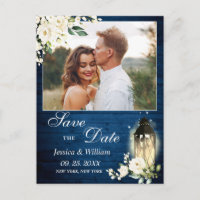 White Rose Blue Wood PHOTO Wedding Save the Date