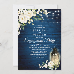White Rose Blue Wood Rustic Engagement Party Invitation