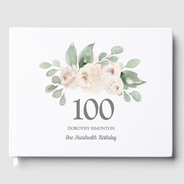 White Rose Botanical 100th Birthday Party Guest Book (Front)
