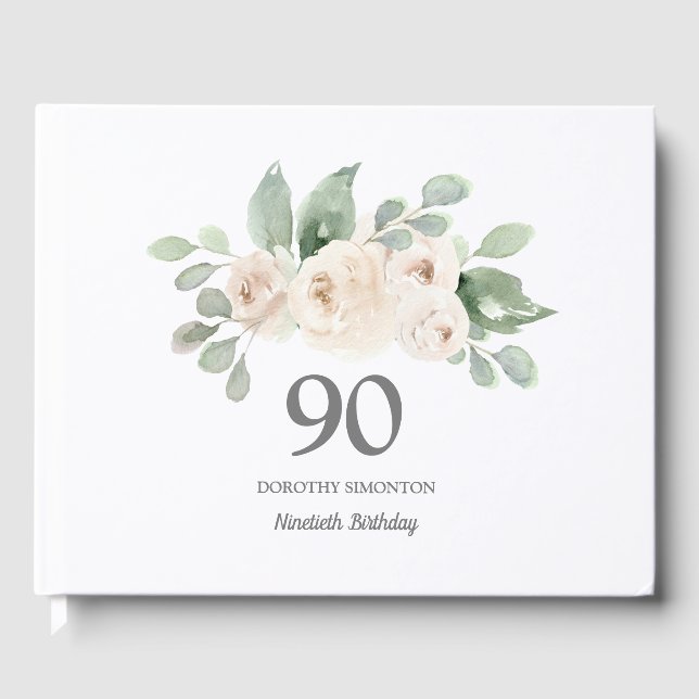 White Rose Botanical 90th Birthday Party Guest Book (Front)