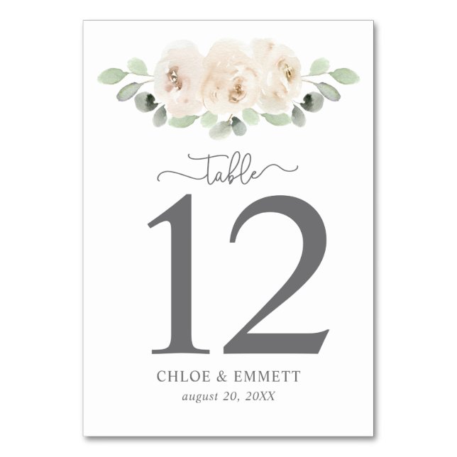 White Rose Botanical Table Number (Front)