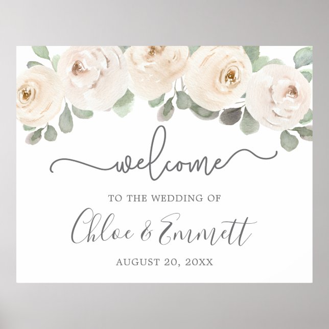 White Rose Botanical Wedding Welcome Sign (Front)