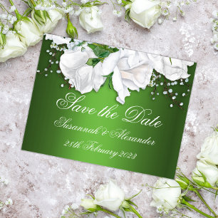 White Rose Bouquet and Metallic Green Wedding  Announcement Postcard