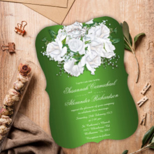 White Rose Bouquet and Metallic Green Wedding Invitation