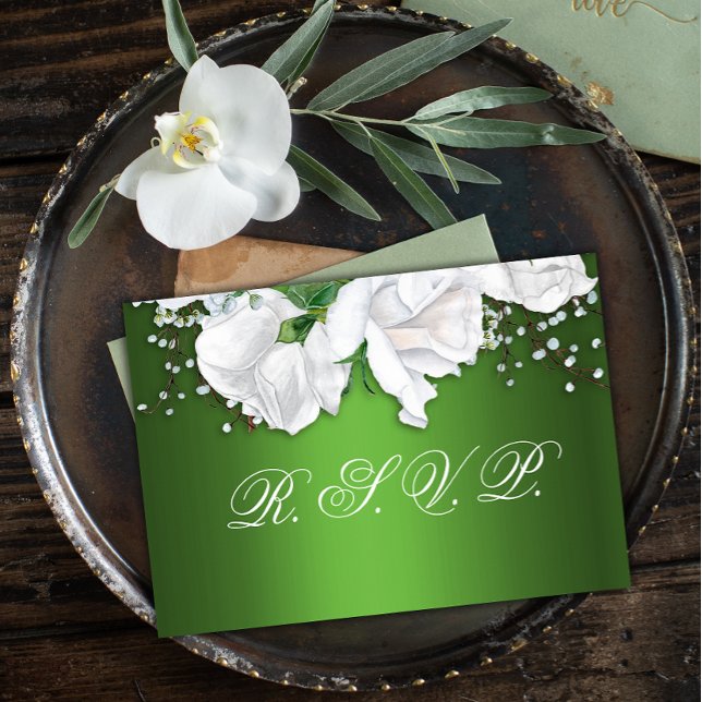 White Rose Bouquet and Metallic Green Wedding RSVP (Creator Uploaded)