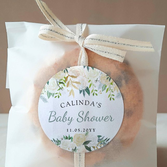 White Rose Bouquet | Baby Shower Classic Round Sticker (Creator Uploaded)