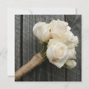 White Rose Bouquet & Barnwood Wedding Invitation