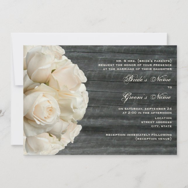 White Rose Bouquet & Barnwood Wedding Invitation (Front)