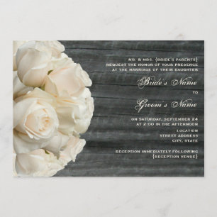 White Rose Bouquet & Barnwood Wedding Invitation