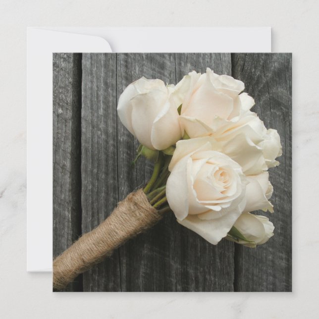 White Rose Bouquet & Barnwood Wedding Invite (Front)