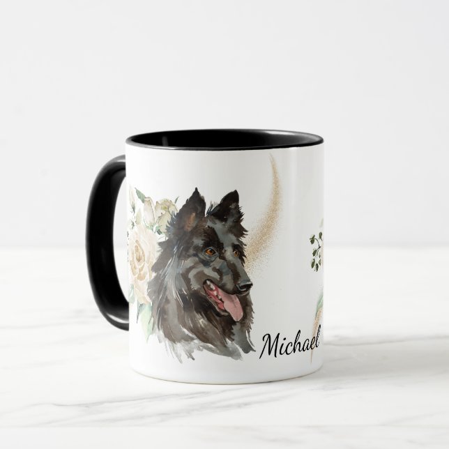 White Rose Bouquet Belgian Tervuren Dog Mug (Front Left)