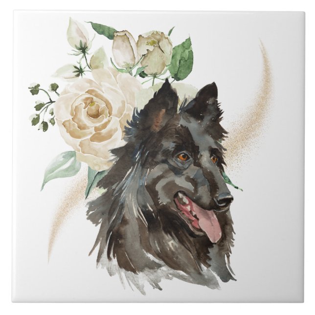 White Rose Bouquet Belgian Tervuren Dog Tile (Front)