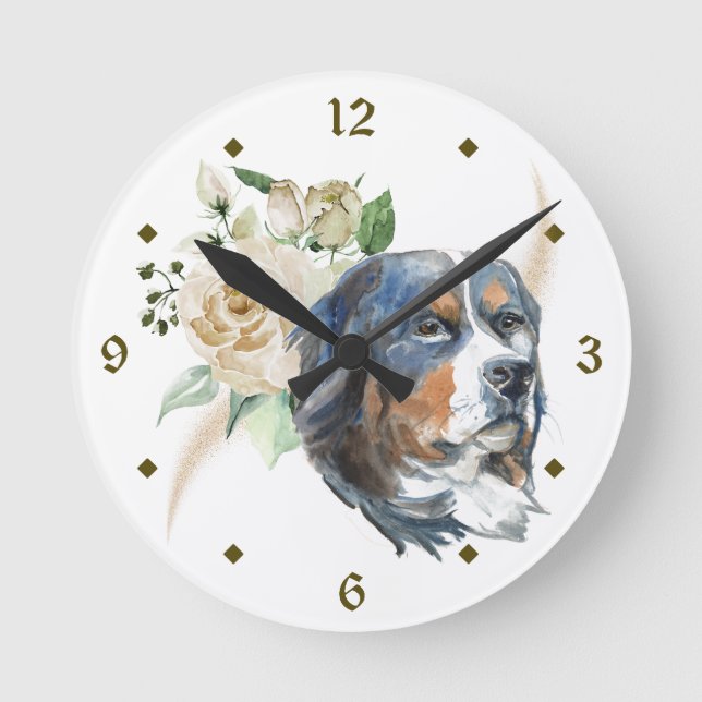 White Rose Bouquet Bernese Mountain Dog Round Clock (Front)
