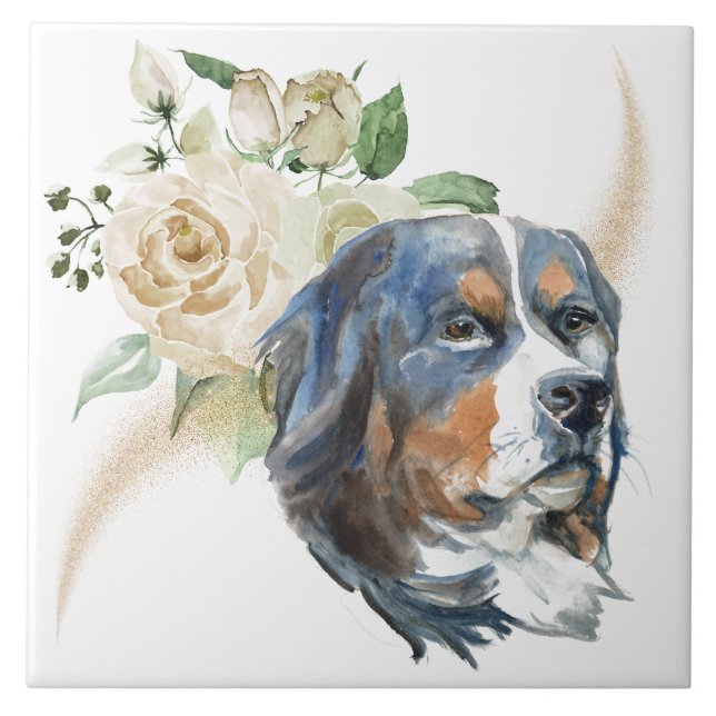 White Rose Bouquet Bernese Mountain Dog Tile (Front)