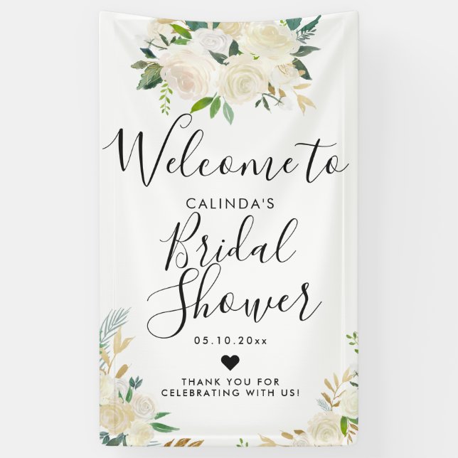 White Rose Bouquet | Bridal Shower Welcome Banner (Vertical)