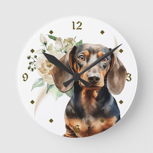 White Rose Bouquet Dachshund Dog Round Clock (Front)