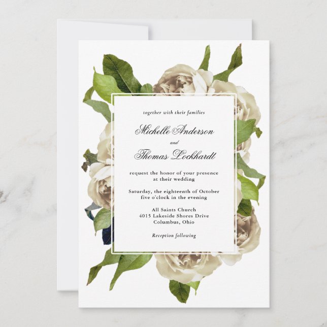 White Rose Bouquet Floral Wedding Invitation (Front)