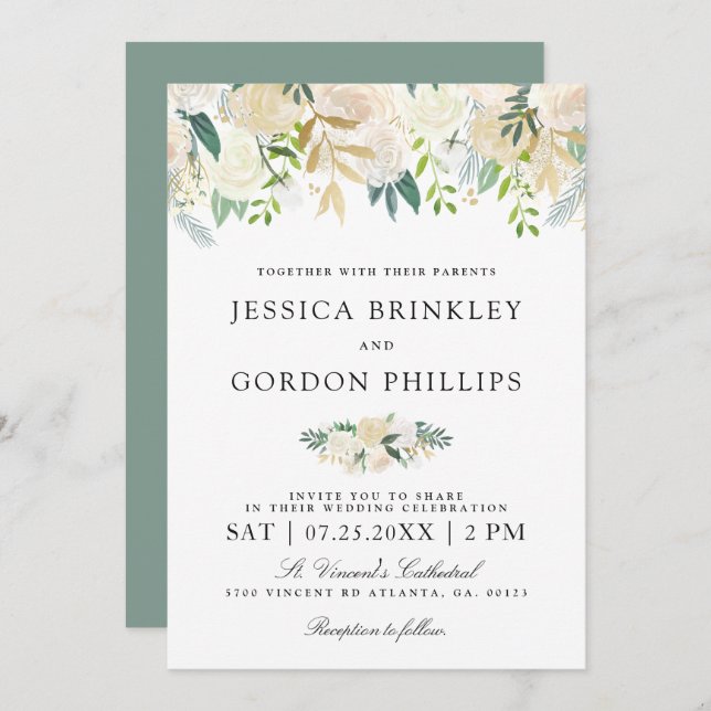 White Rose Bouquet | Floral Wedding Invite (Front/Back)