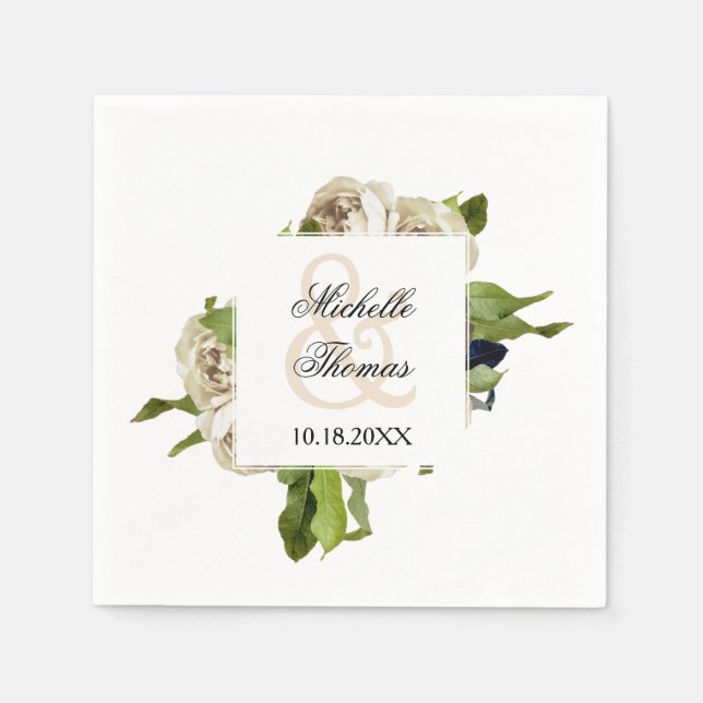White Rose Bouquet Floral Wedding Napkin (Front)