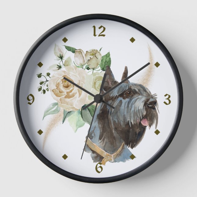 White Rose Bouquet Giant Schnauzer Dog Clock (Front)