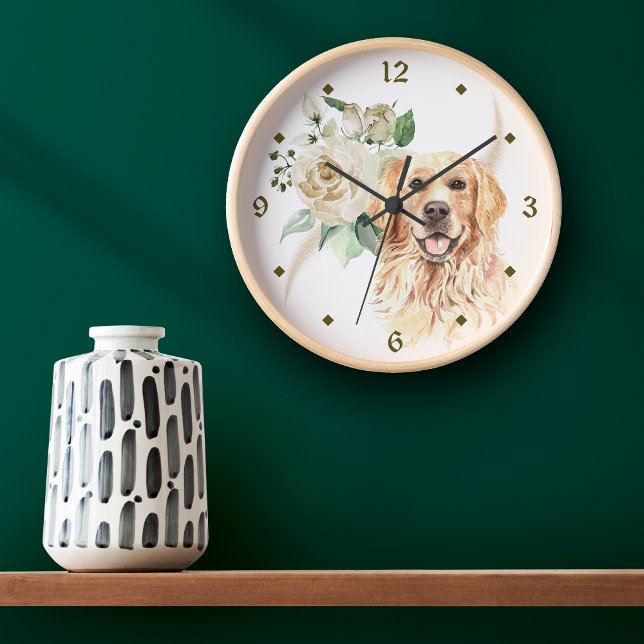 White Rose Bouquet Golden Retriever Dog Round Clock (Creator Uploaded)