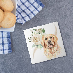 White Rose Bouquet Golden Retriever Dog Tile