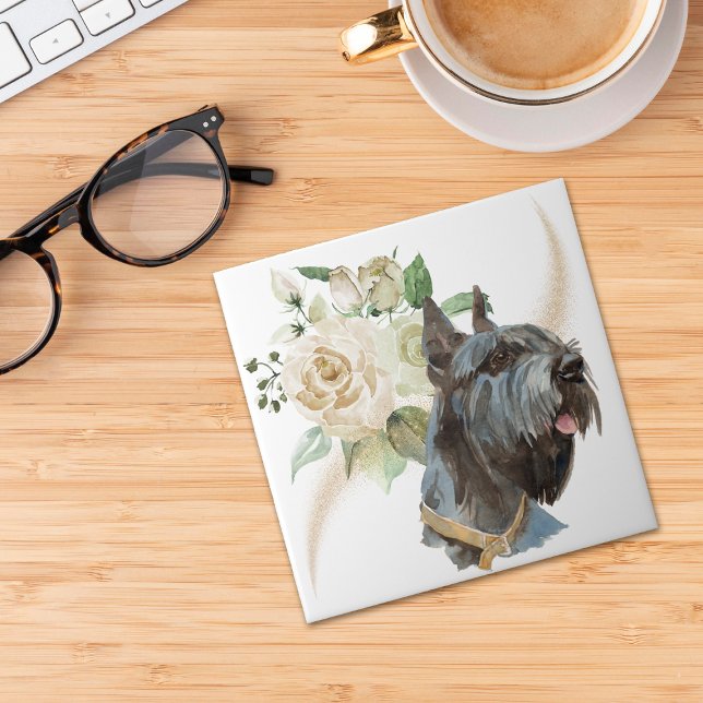 White Rose Bouquet Miniature Schnauzer Dog Tile (Creator Uploaded)