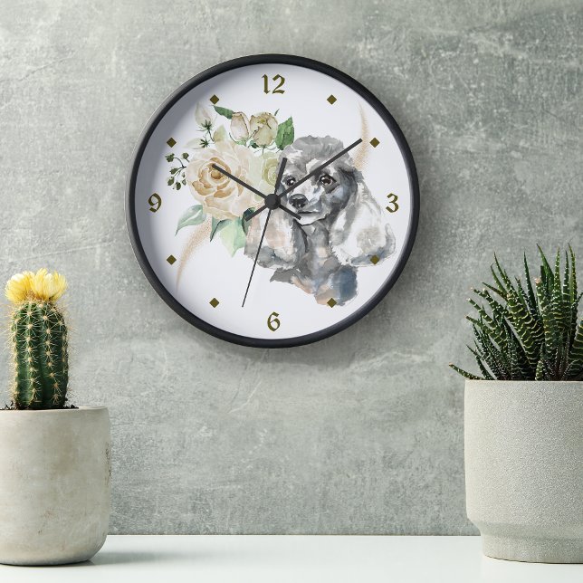 White Rose Bouquet Poodle Dog Round Clock (Creator Uploaded)