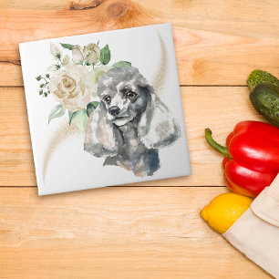 White Rose Bouquet Poodle Dog Tile