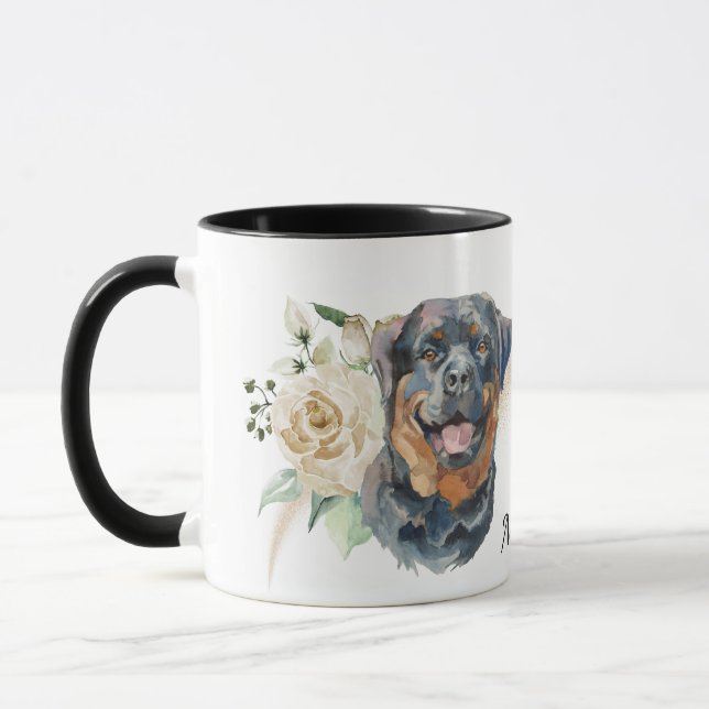 White Rose Bouquet Rottweiler Dog Mug (Left)