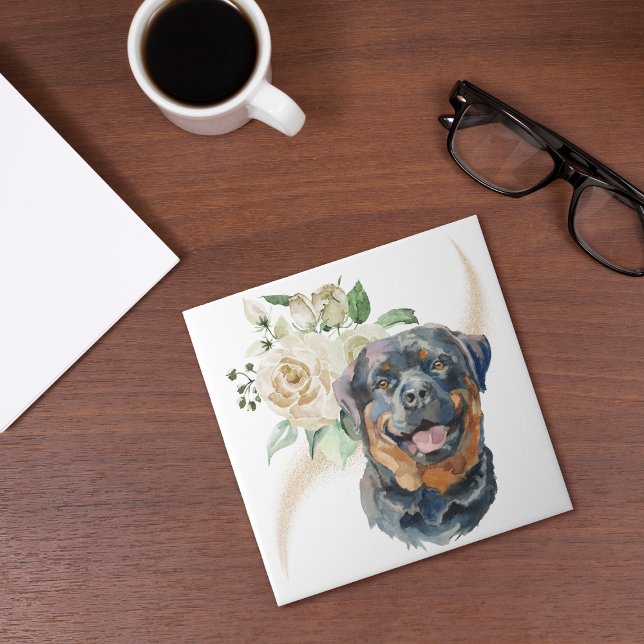 White Rose Bouquet Rottweiler Dog Tile (Creator Uploaded)