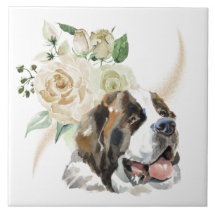 White Rose Bouquet Saint Bernard Dog Tile