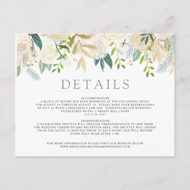 White Rose Bouquet | Wedding Details Enclosure Card (Front)