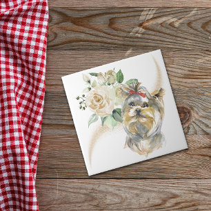White Rose Bouquet Yorkshire Terrier Dog Tile