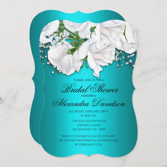 White Rose Bridal Bouquet Aqua Bridal Shower Invitation (Front/Back)