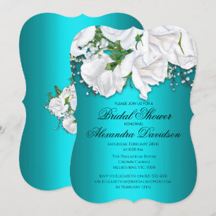 White Rose Bridal Bouquet Aqua Bridal Shower Invitation