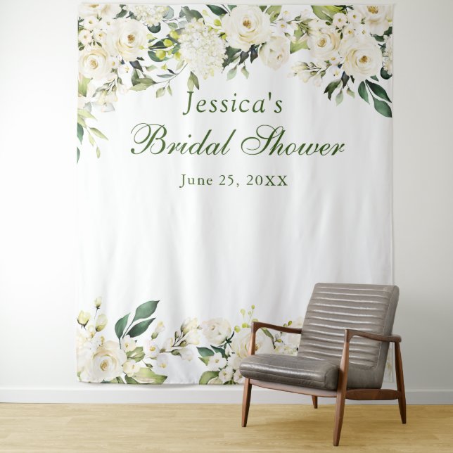 White Rose Bridal Shower Chic Photo Booth Backdrop Tapestry (In Situ)