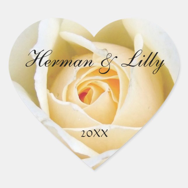 White Rose Bud Personalised Heart Wedding Sticker (Front)