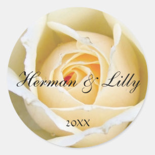 White Rose Bud Personalised Round Wedding Sticker