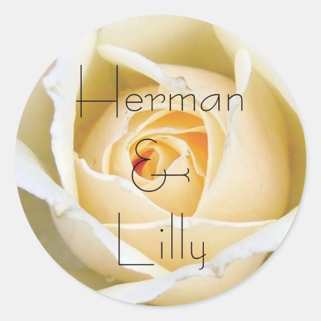 White Rose Bud Personalised Wedding Classic Round Sticker (Front)
