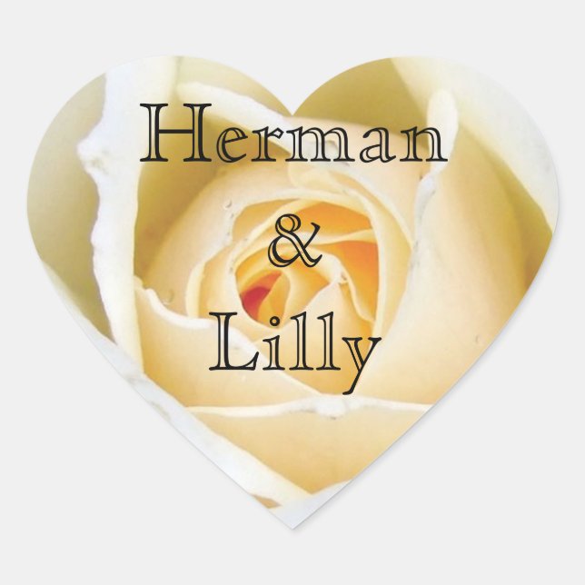 White Rose Bud Personalised Wedding Heart Sticker (Front)